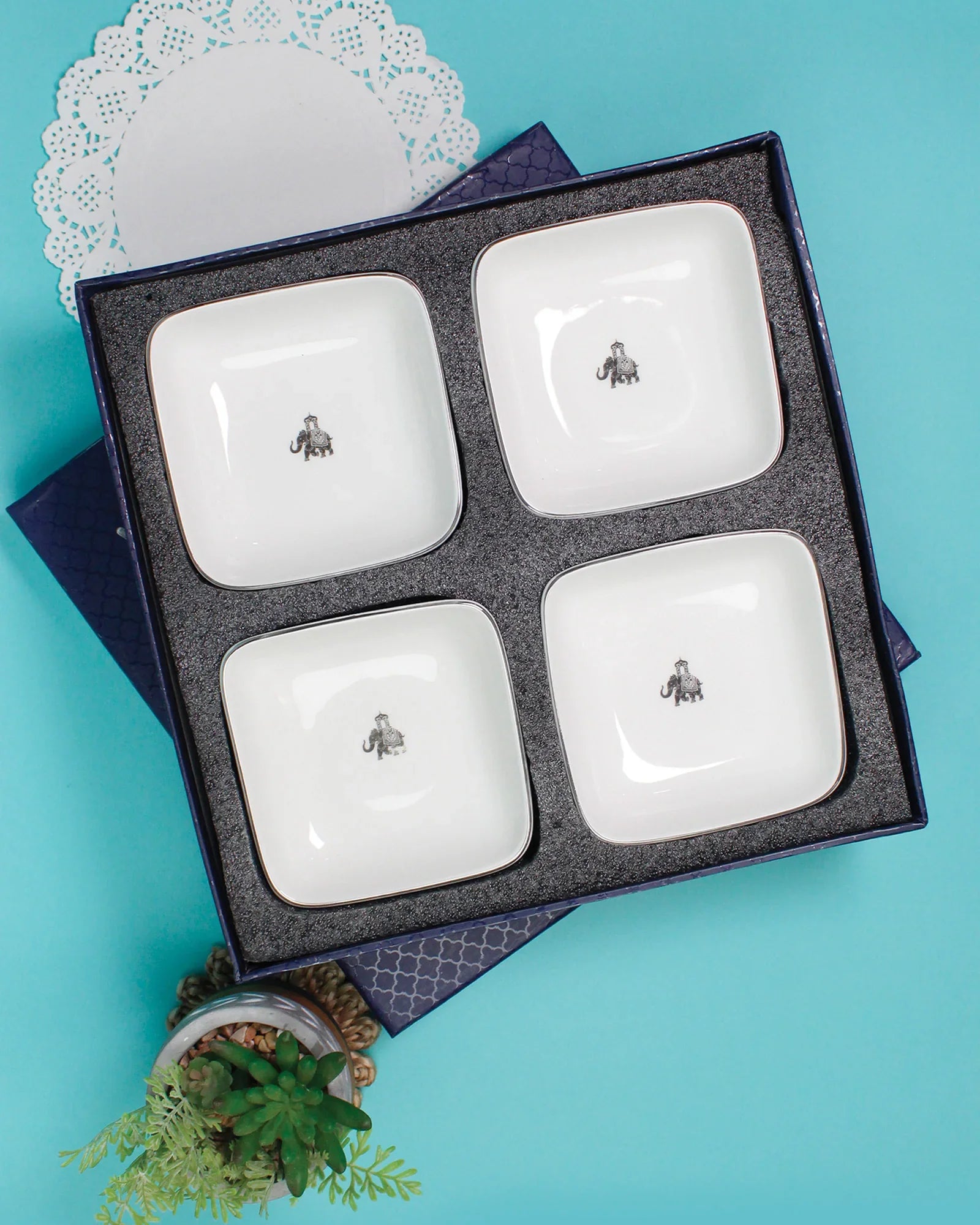 Gaj Fine Porcelain Curved Square Bowl Set of 4 – Platinum Rim with Elephant Motif - Vola Global