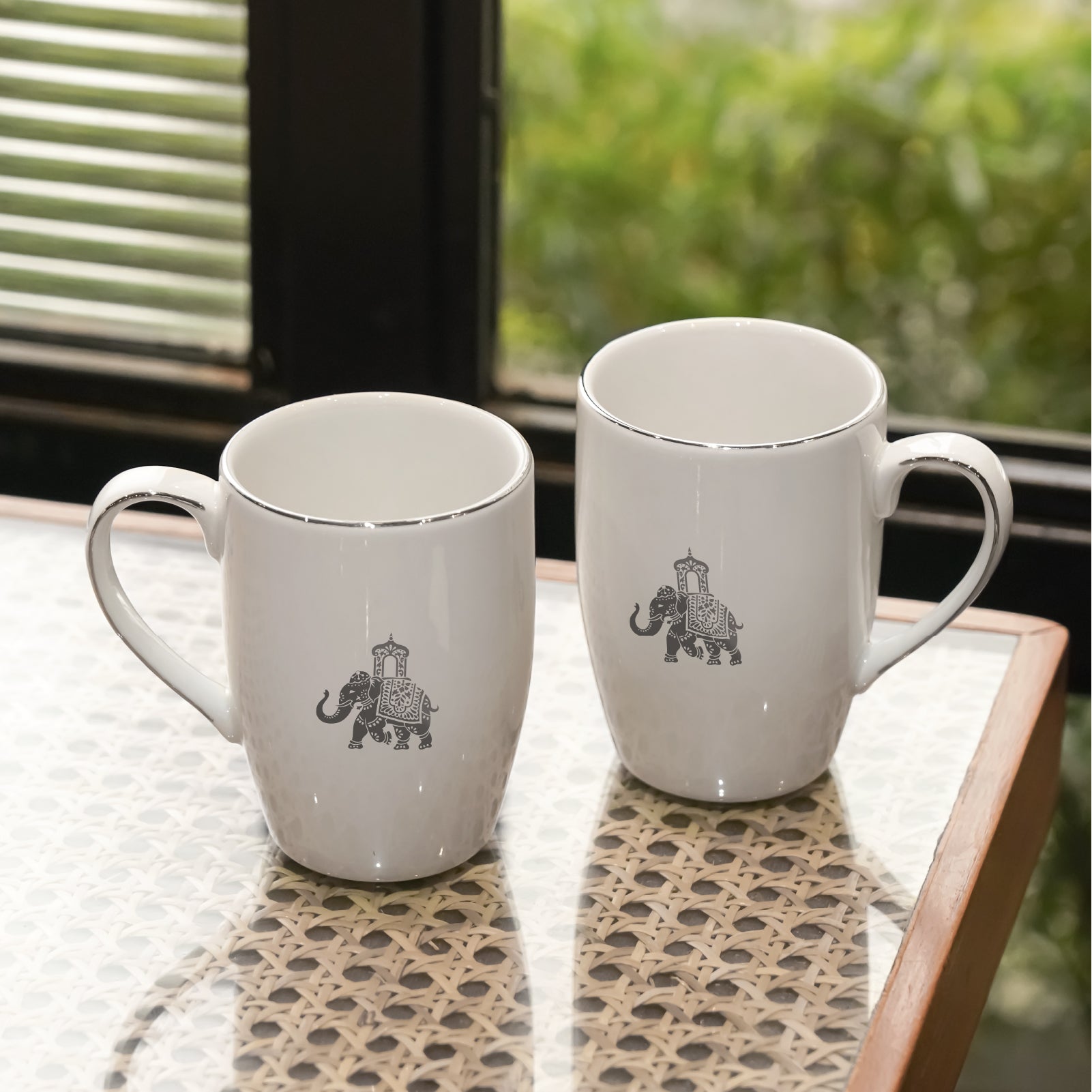Platnium || Vola Gaj Mugs Set of 2 | 230 ml Porcelain Coffee Mugs with Elephant Design