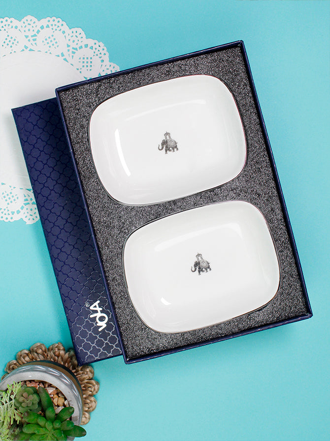 Gaj Dessert Dinnerware Rectangle Bowls with Platinum Rim - Vola Global