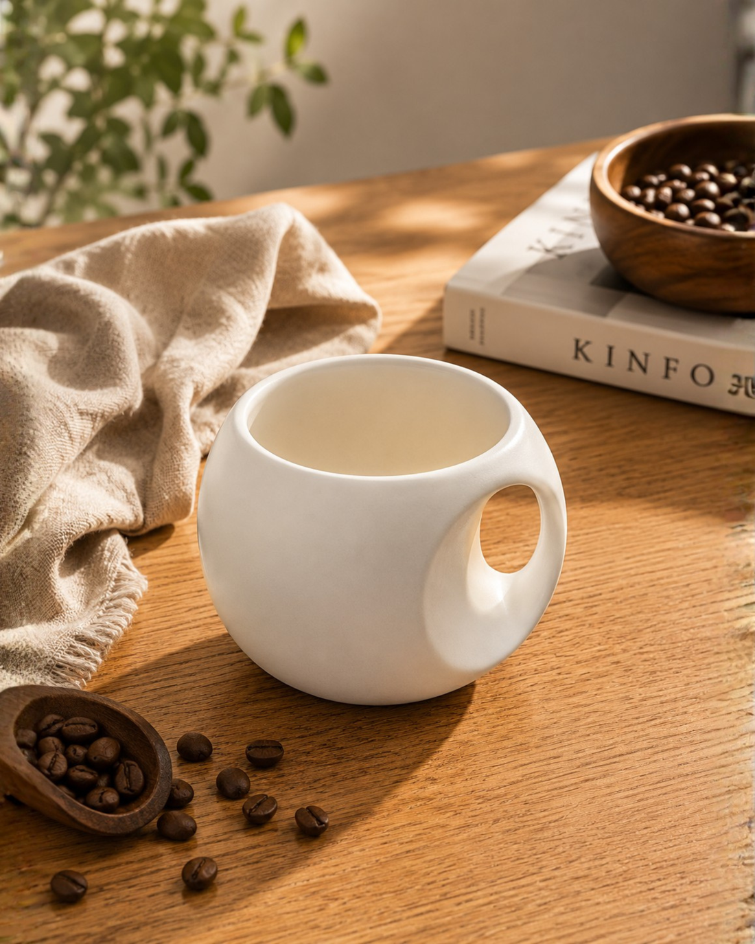 White Orb Mug - round fine porcelain coffee mug with comfort grip handle