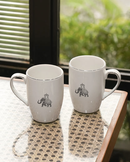 Platnium || Vola Gaj Mugs Set of 2 | 230 ml Porcelain Coffee Mugs with Elephant Design