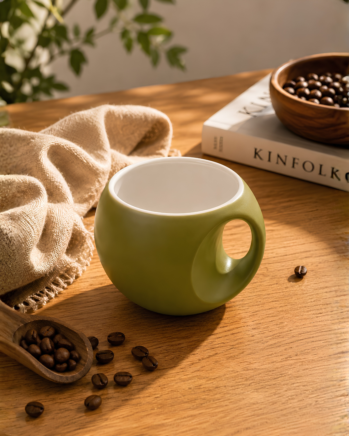 Apple Orb Mug - round fine porcelain coffee mug with comfort grip handle