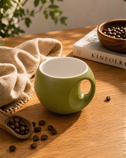 Apple Orb Mug - round fine porcelain coffee mug with comfort grip handle