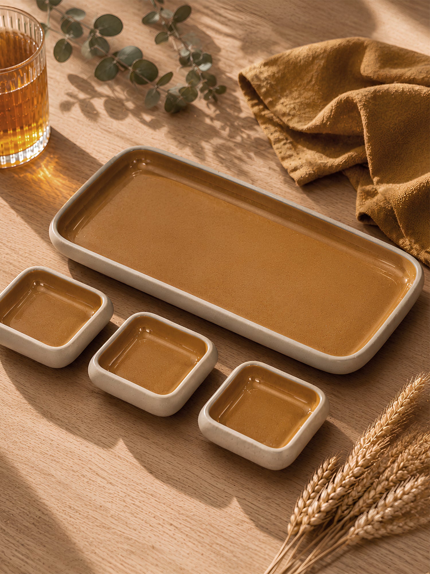 Earthen Soul Dip &amp; Serve Set | Rectangle Platter with 3 Square Dip Bowls | Earth Porcelain