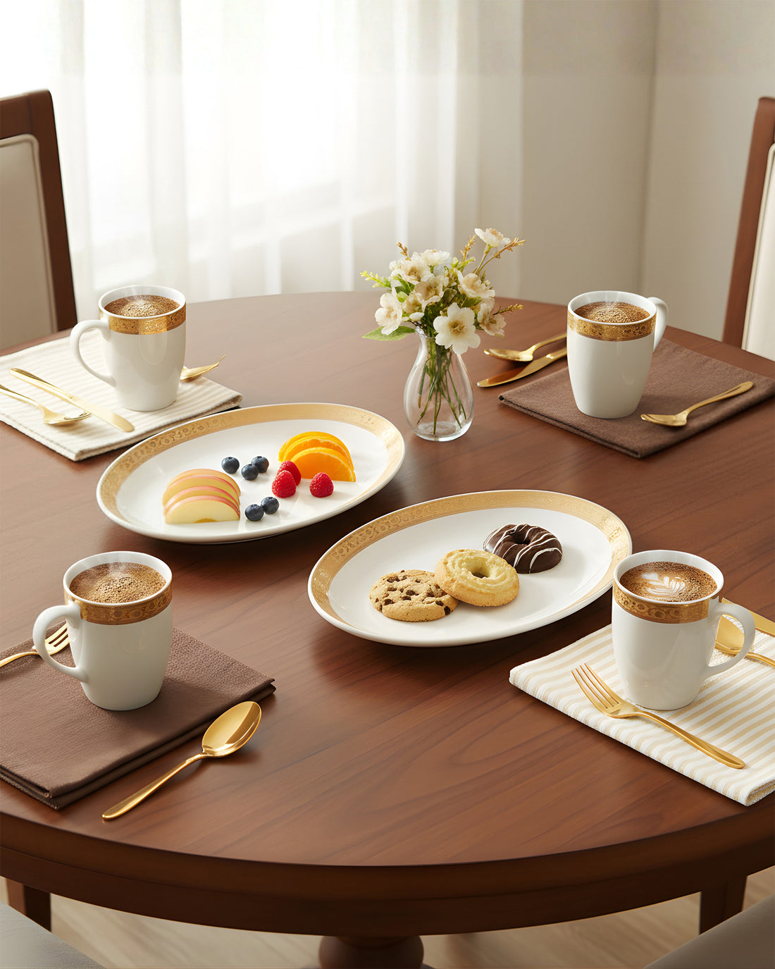 Scarlet Elegance Snack Set (6 Pcs) – 4 Porcelain Mugs with 2 Snack Platters | Premium Serveware