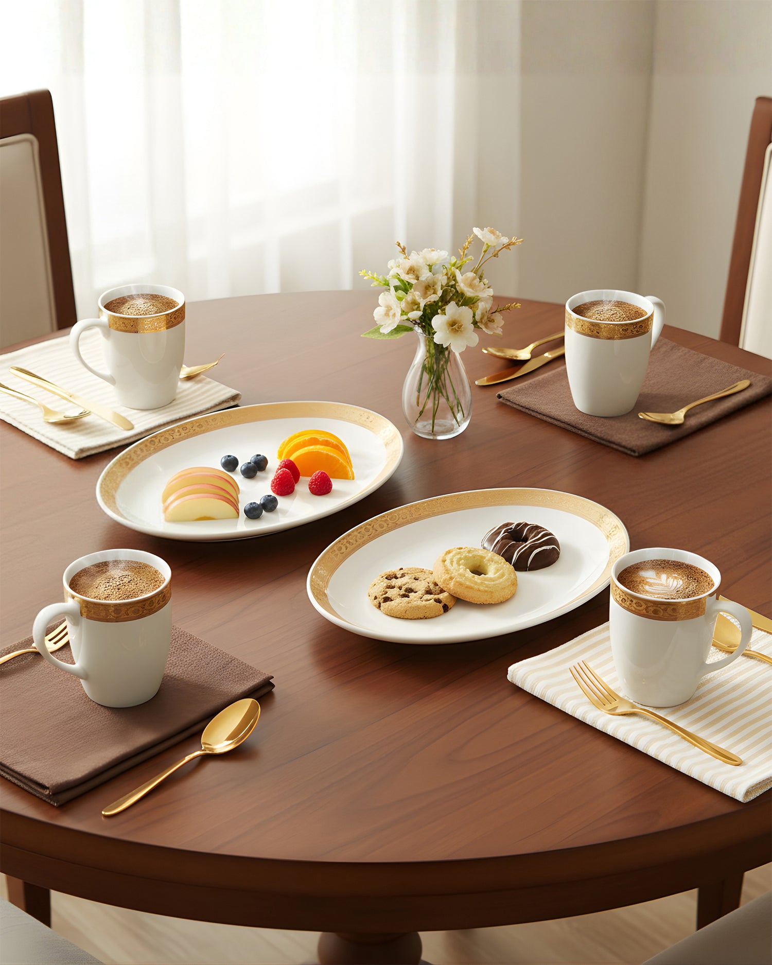 Scarlet Elegance Snack Set (6 Pcs) – 4 Porcelain Mugs with 2 Snack Platters | Premium Serveware