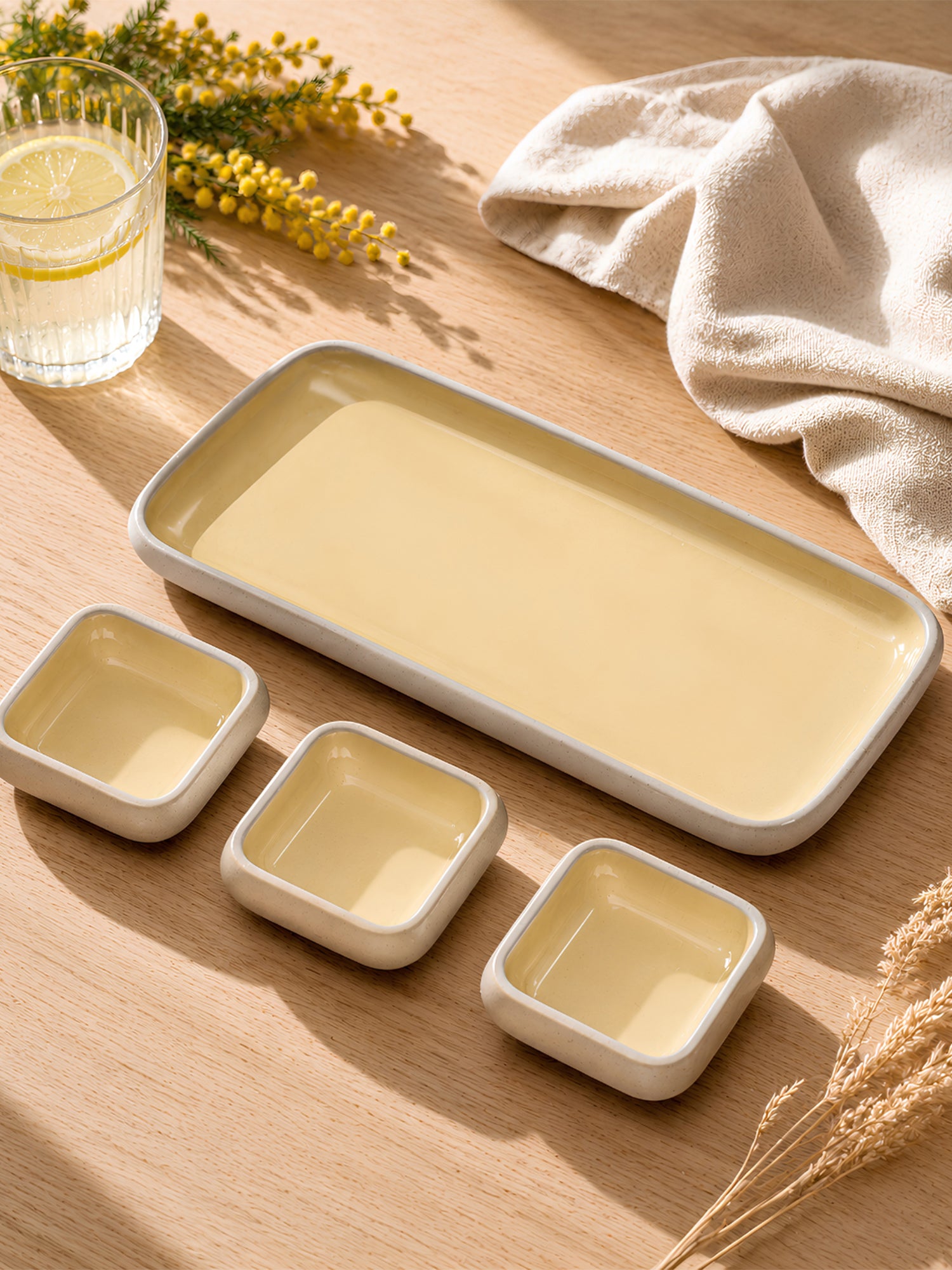 Earthen Soul Dip &amp; Serve Set | Rectangle Platter with 3 Square Dip Bowls | Earth Porcelain