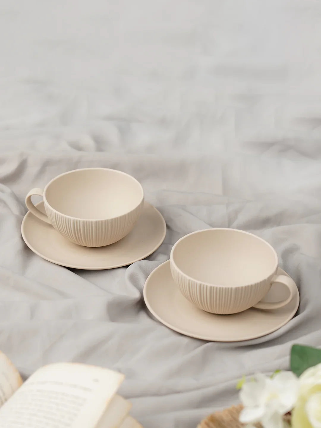 Vogue Coupe Fine Porcelain Cup &amp; Saucer Set of 4 – Sleek Contemporary Design for Tea &amp; Coffee - Vola Global