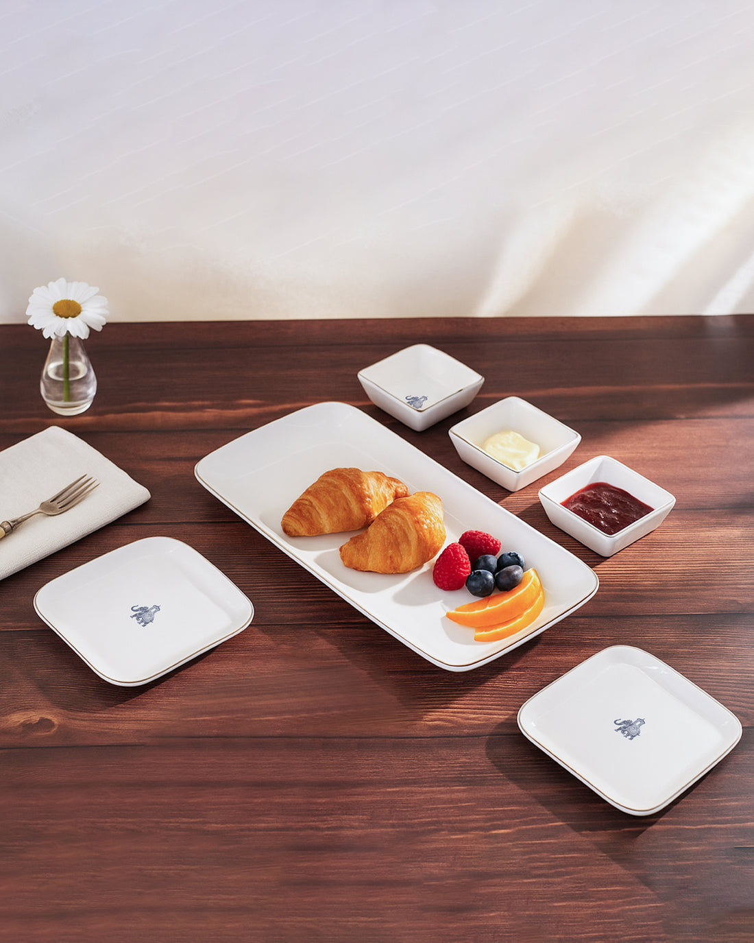 Gaj Collection Rectangle Charm with Dip Bowls – 6 Pc Porcelain Serving Set | Platinum Rim