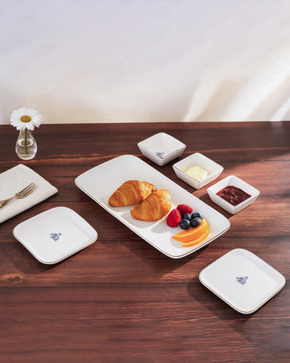 Gaj Collection Rectangle Charm with Dip Bowls – 6 Pc Porcelain Serving Set | Platinum Rim