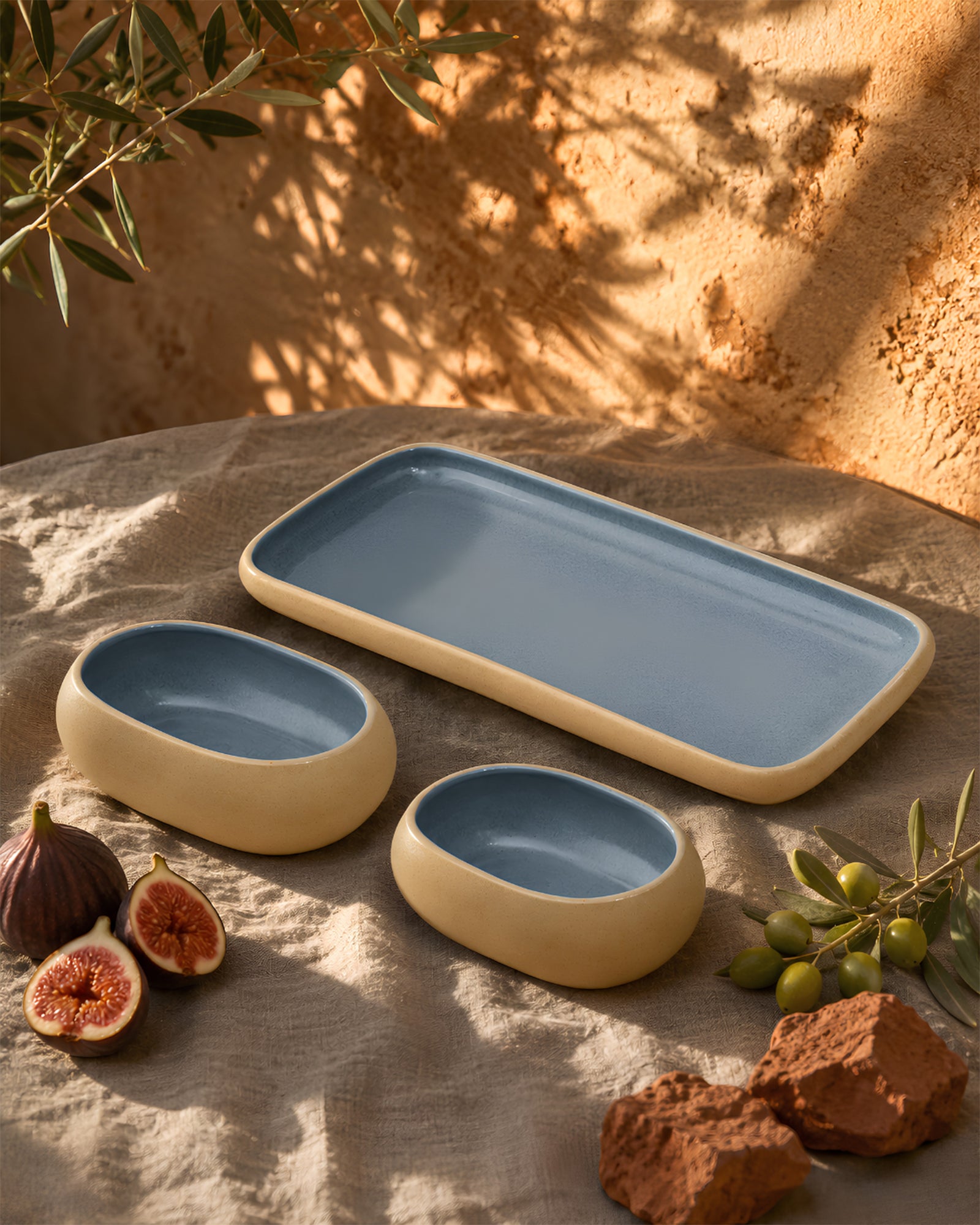 Earthen Soul Serve &amp; Share Set | Rectangle Platter with 2 Oval Bowls | Earth Porcelain