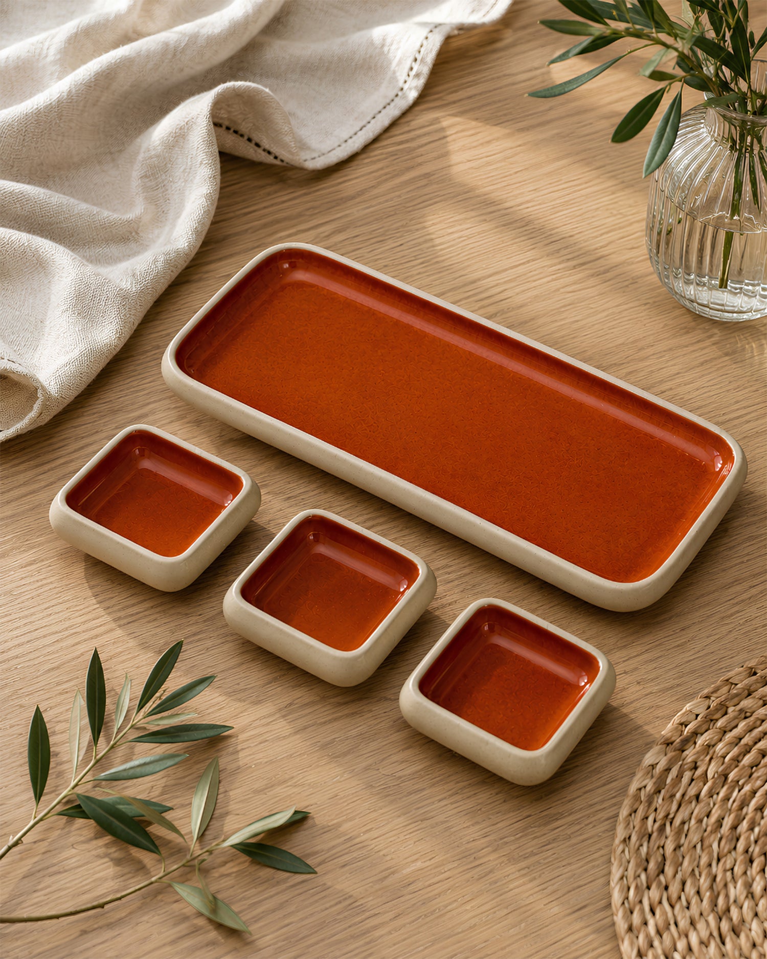 Earthen Soul Dip &amp; Serve Set | Rectangle Platter with 3 Square Dip Bowls | Earth Porcelain