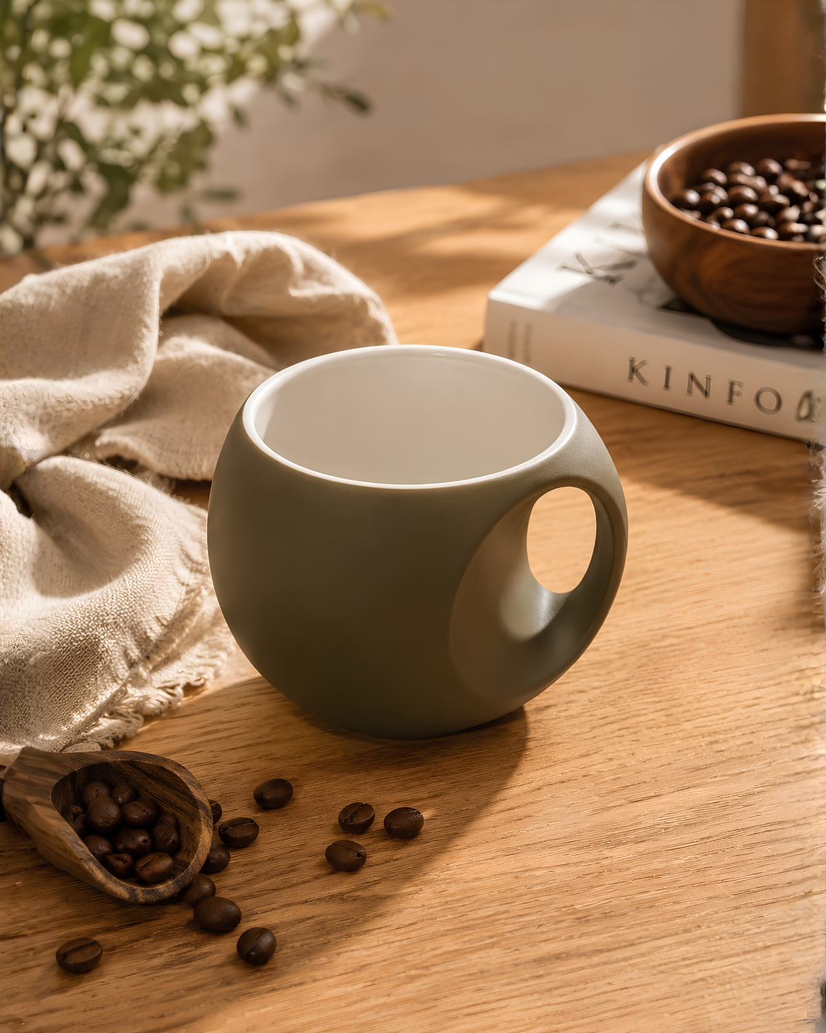 Olive Orb Mug - round fine porcelain coffee mug with comfort grip handle