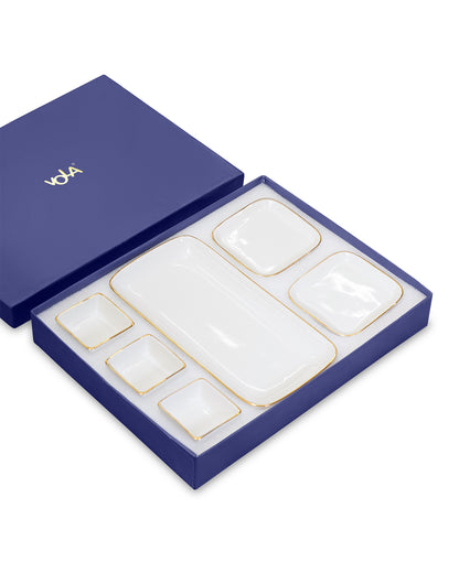 Pristine Collection Rectangle Charm with Dip Bowls – 6 Pc Porcelain Serving Set | Gold Rim