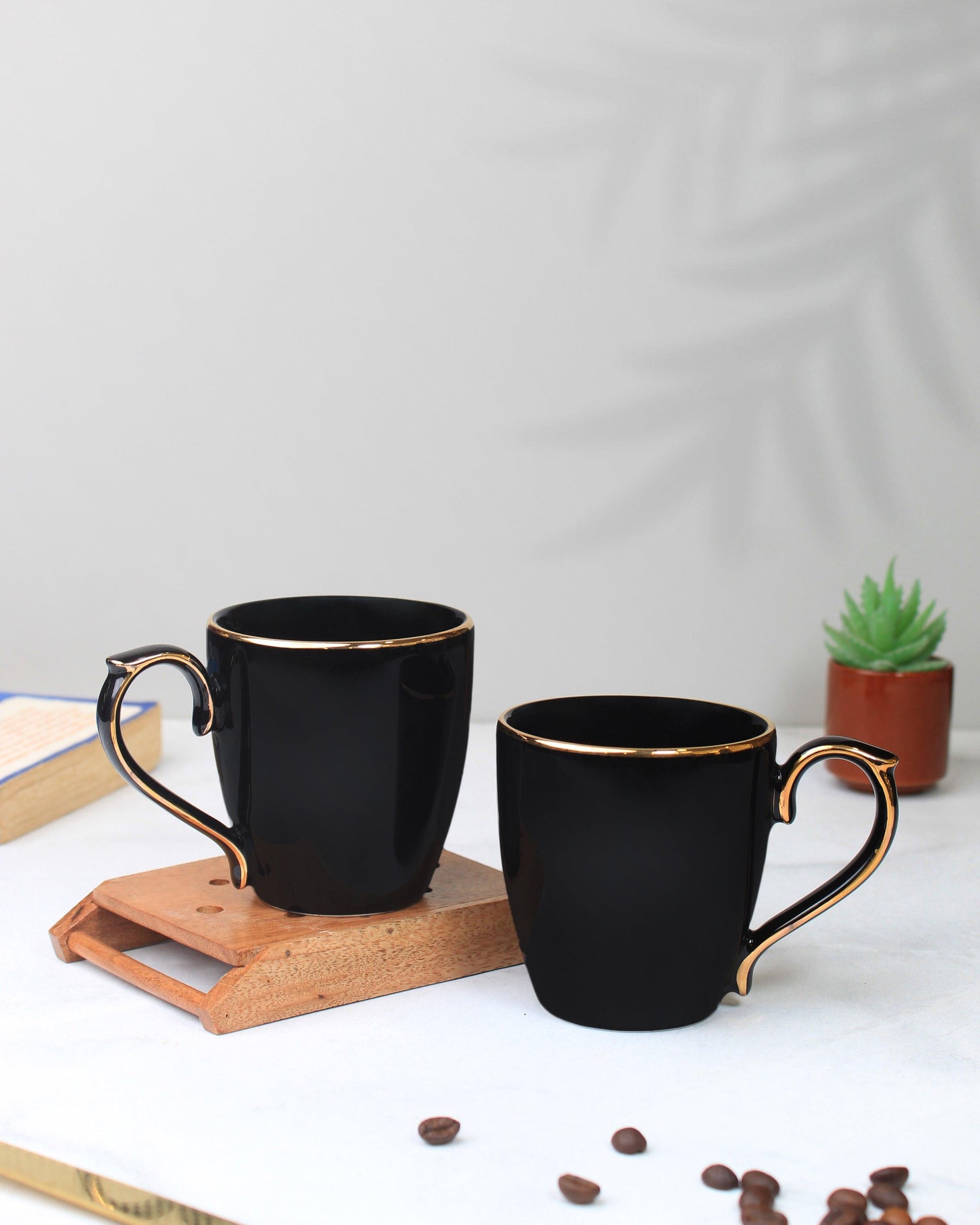 BLACK / Set of 2 * 220ml || Allure Premium Porcelain Tea Coffee Mug with Golden Rim| Multi color - Vola Global