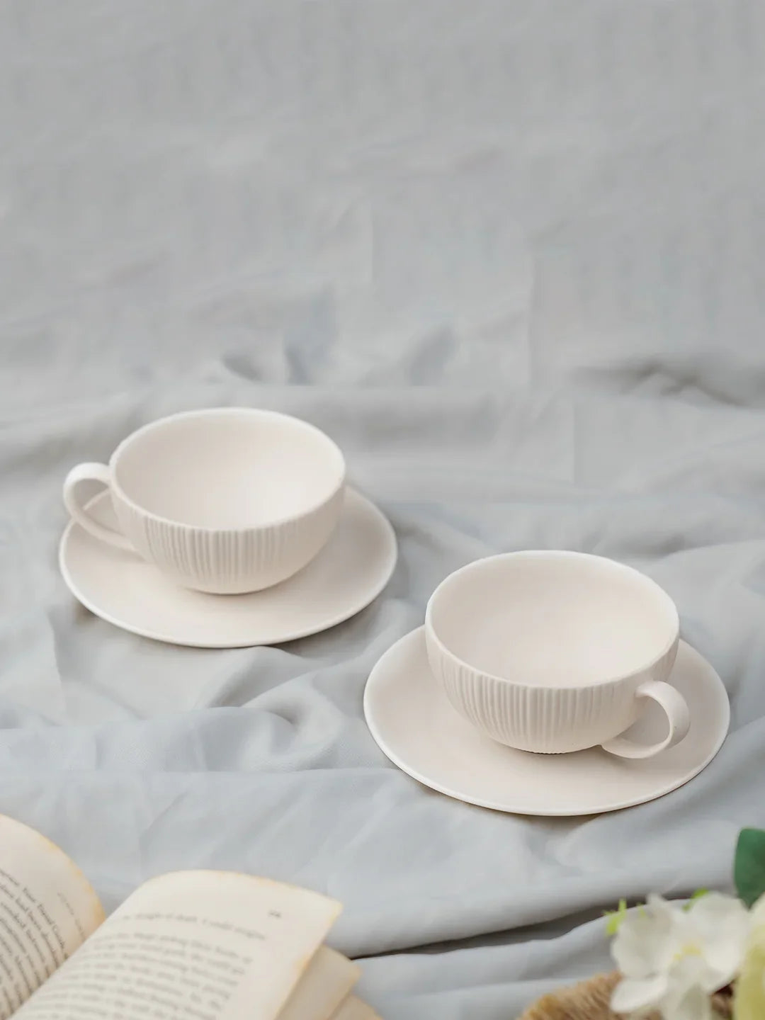 Vogue Coupe Fine Porcelain Cup &amp; Saucer Set of 4 – Sleek Contemporary Design for Tea &amp; Coffee - Vola Global