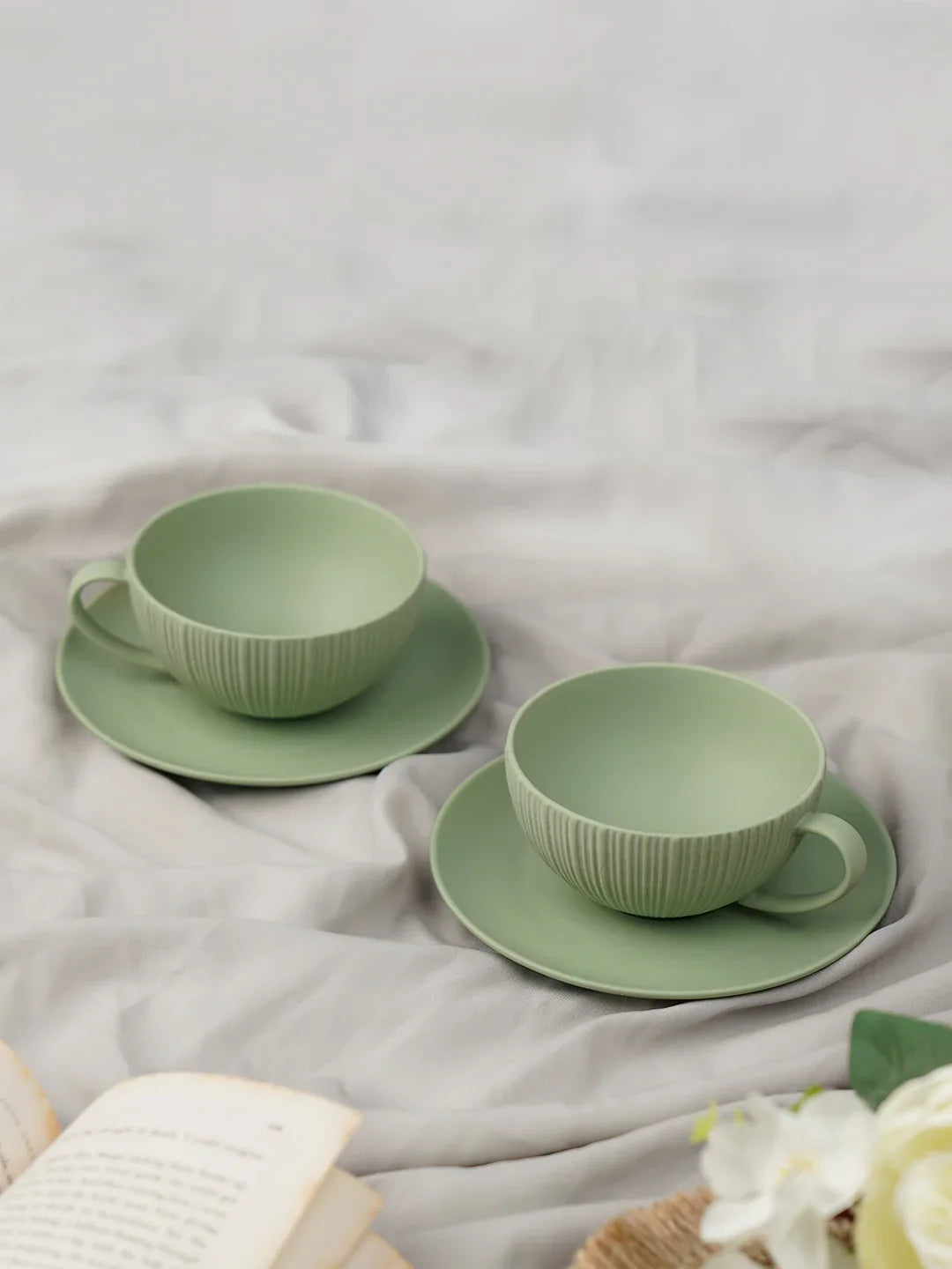 Vogue Coupe Fine Porcelain Cup &amp; Saucer Set of 4 – Sleek Contemporary Design for Tea &amp; Coffee - Vola Global