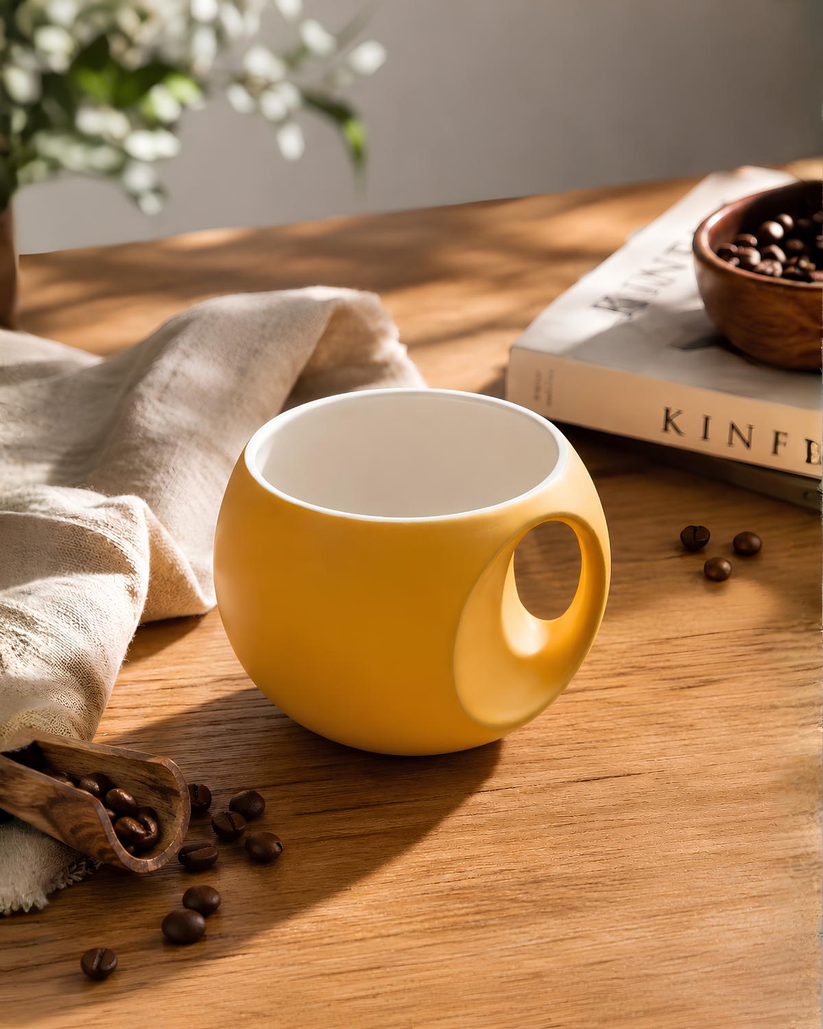 Blazing Mango Orb Mug - round fine porcelain coffee mug with comfort grip handle
