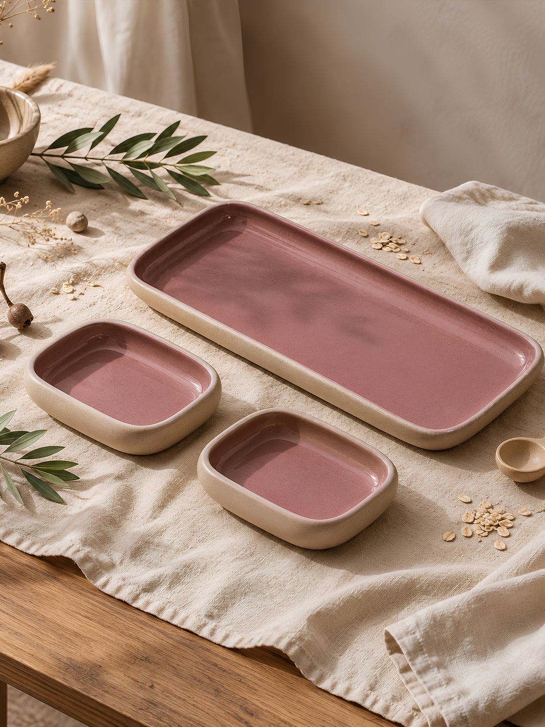 Earthen Soul Serving Trio | Rectangle Platter with 2 Rectangle Bowls | Earth Porcelain