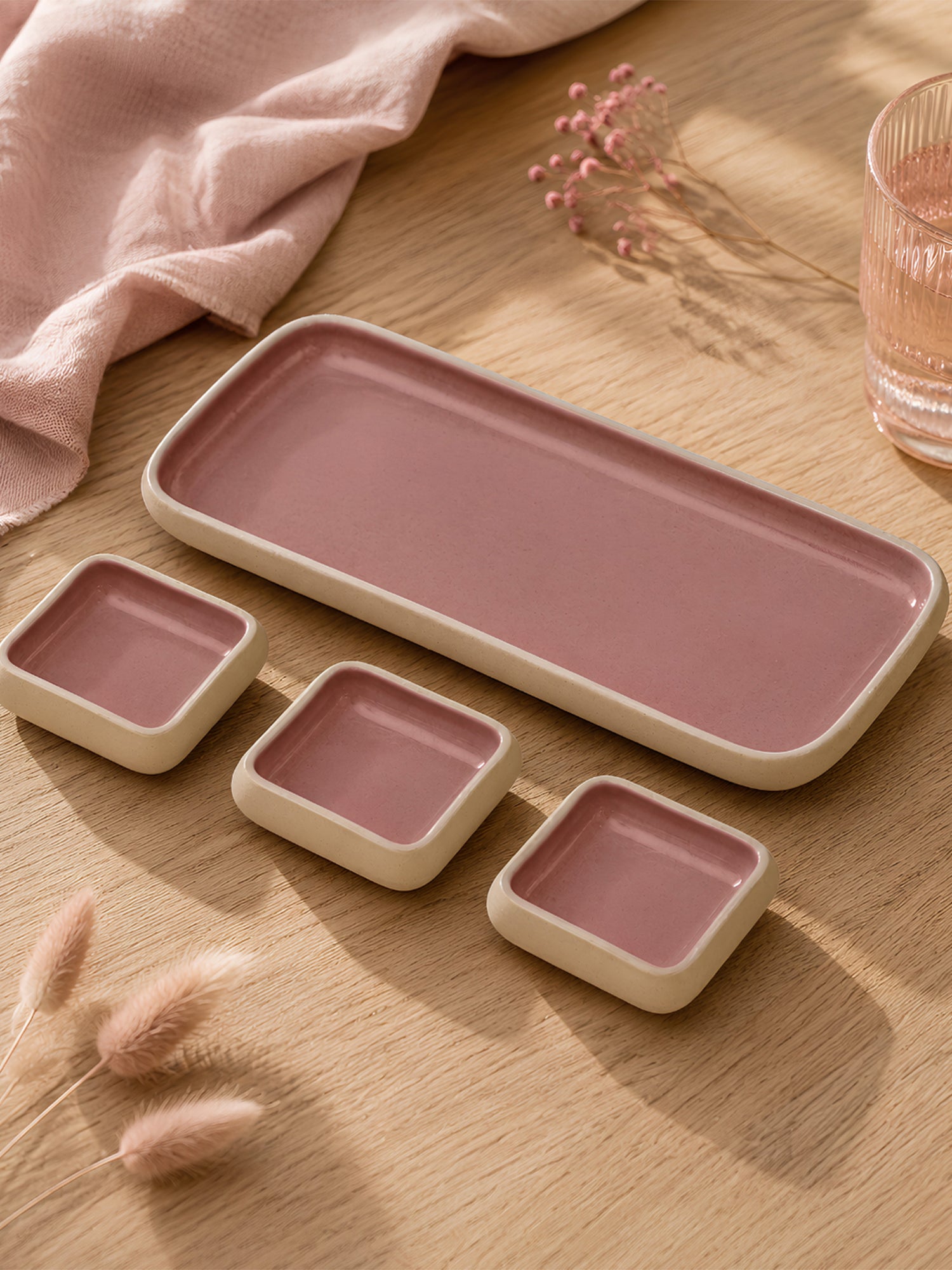 Earthen Soul Dip &amp; Serve Set | Rectangle Platter with 3 Square Dip Bowls | Earth Porcelain