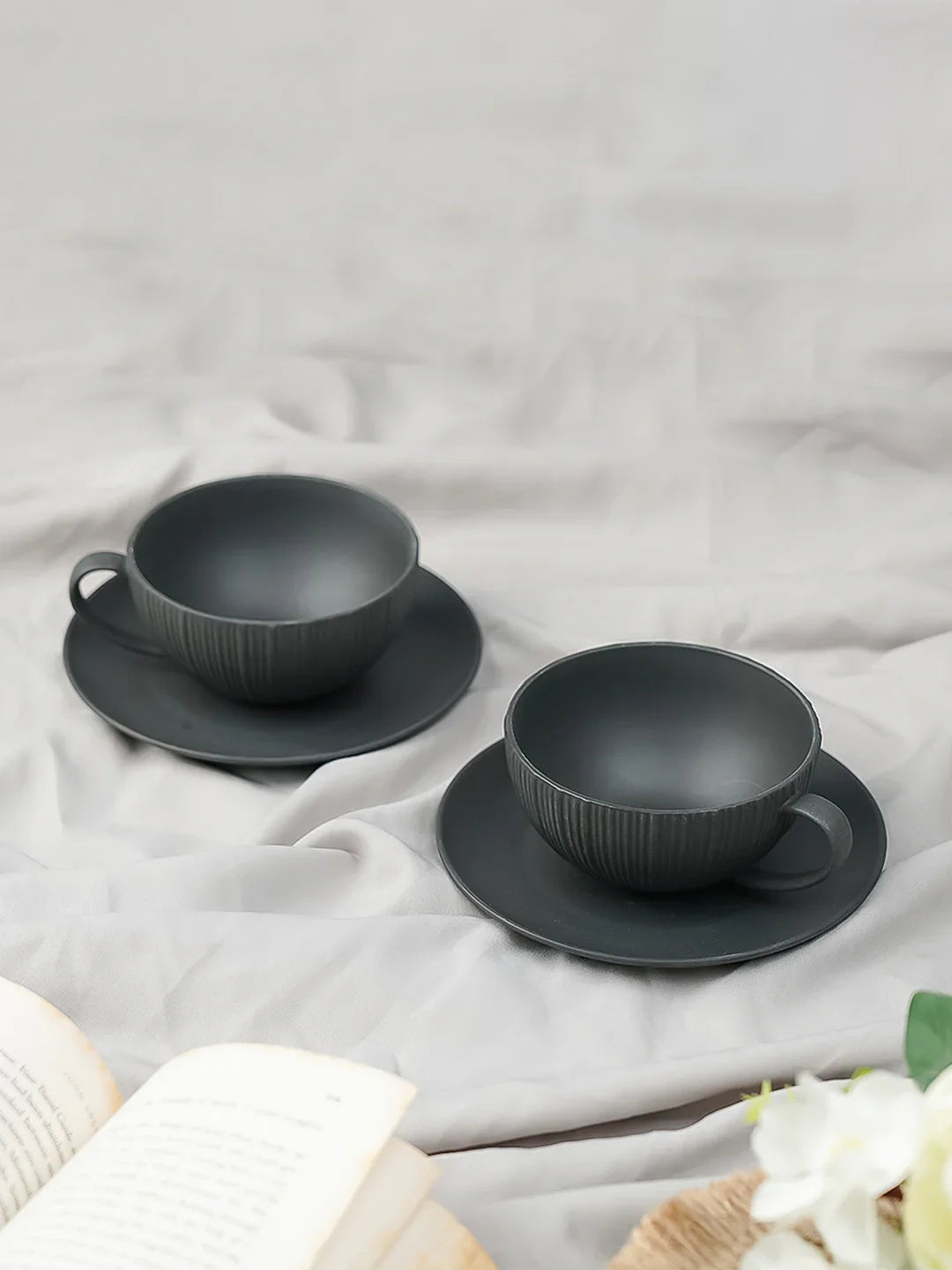 Vogue Coupe Fine Porcelain Cup &amp; Saucer Set of 4 – Sleek Contemporary Design for Tea &amp; Coffee - Vola Global