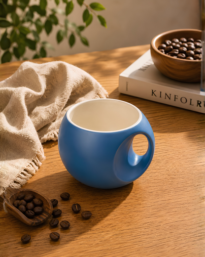 Deep Sky Blue Orb Mug - round fine porcelain coffee mug with comfort grip handle