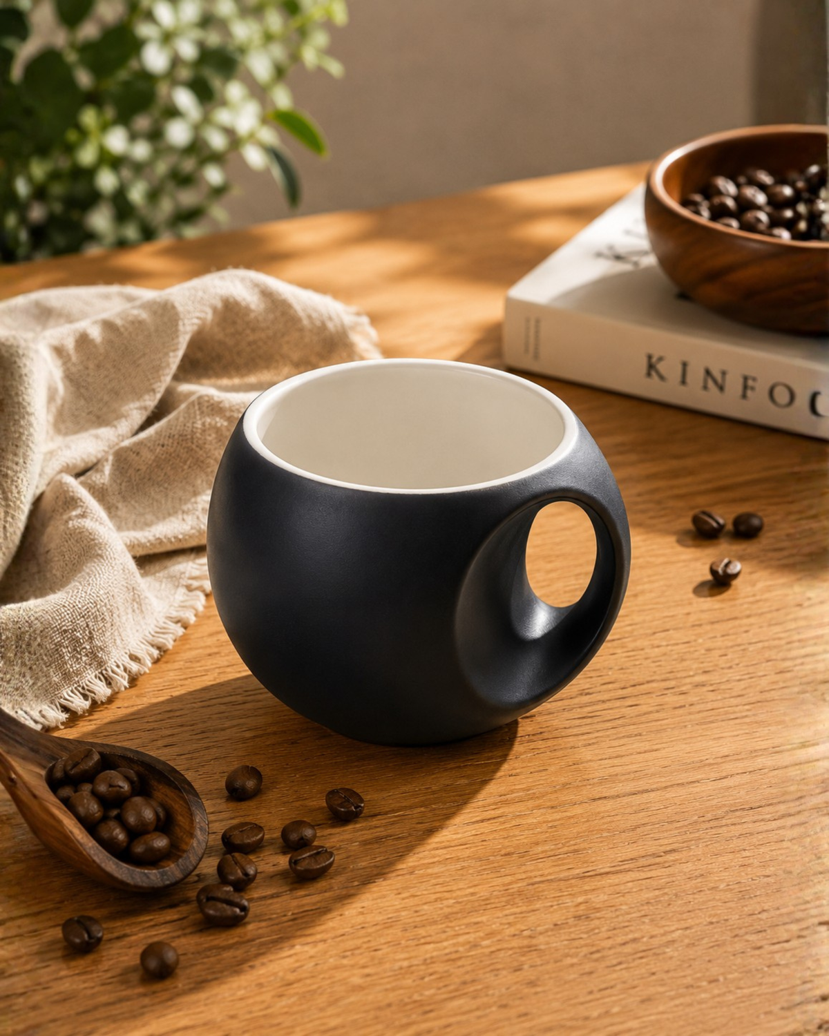 Black Orb Mug - round fine porcelain coffee mug with comfort grip handle