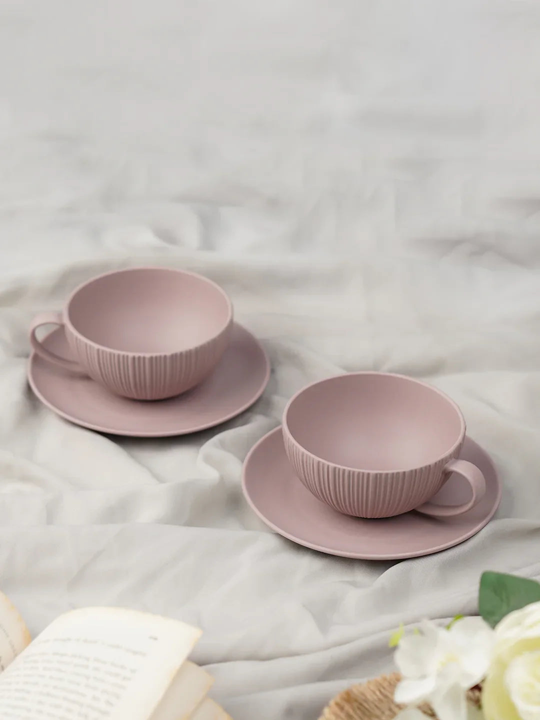 Vogue Coupe Fine Porcelain Cup &amp; Saucer Set of 4 – Sleek Contemporary Design for Tea &amp; Coffee - Vola Global