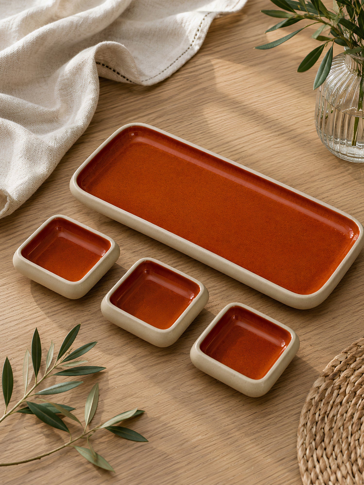 Earthen Soul Dip &amp; Serve Set | Rectangle Platter with 3 Square Dip Bowls | Earth Porcelain