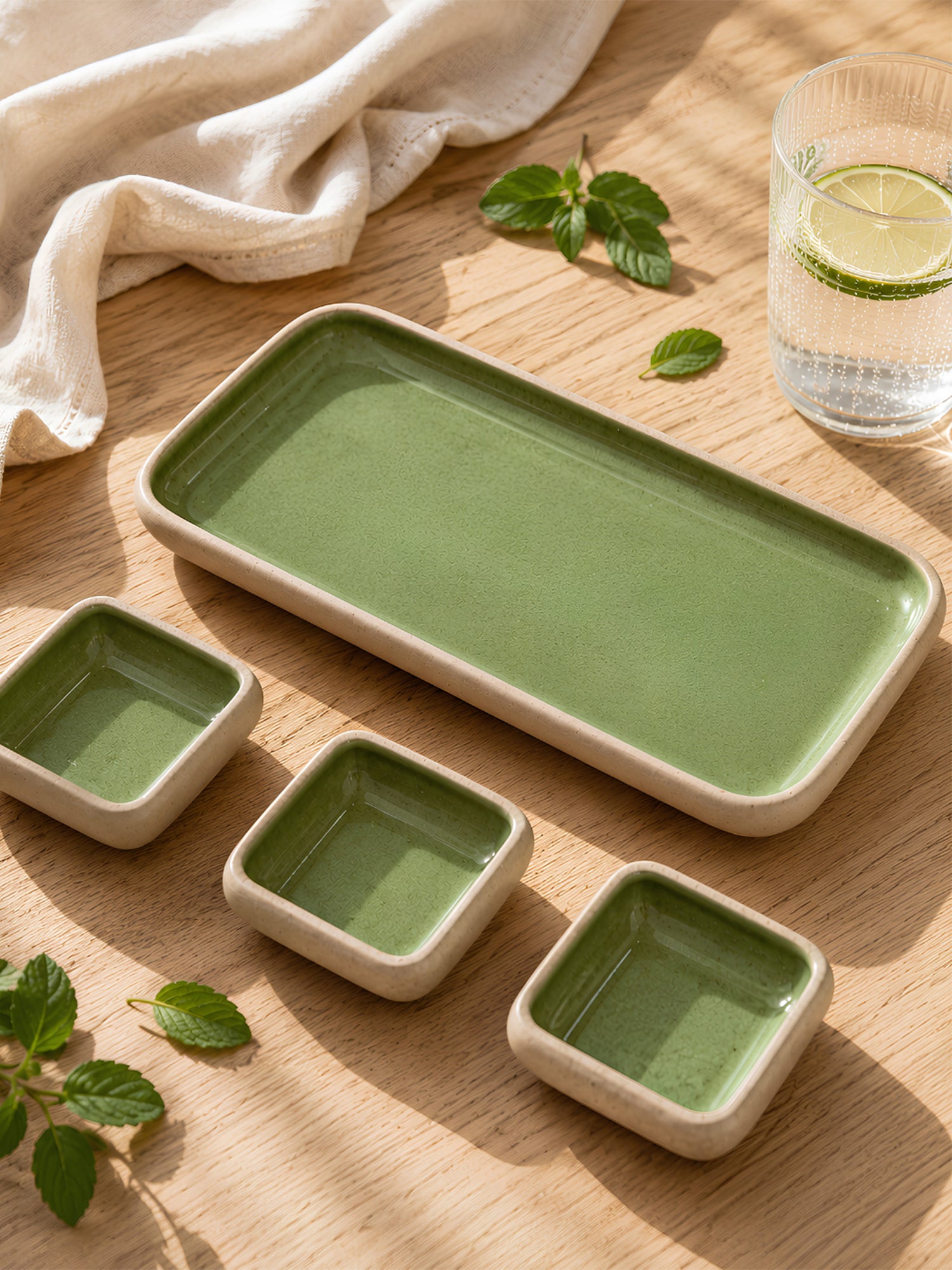 Earthen Soul Dip &amp; Serve Set | Rectangle Platter with 3 Square Dip Bowls | Earth Porcelain