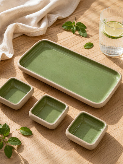 Earthen Soul Dip &amp; Serve Set | Rectangle Platter with 3 Square Dip Bowls | Earth Porcelain