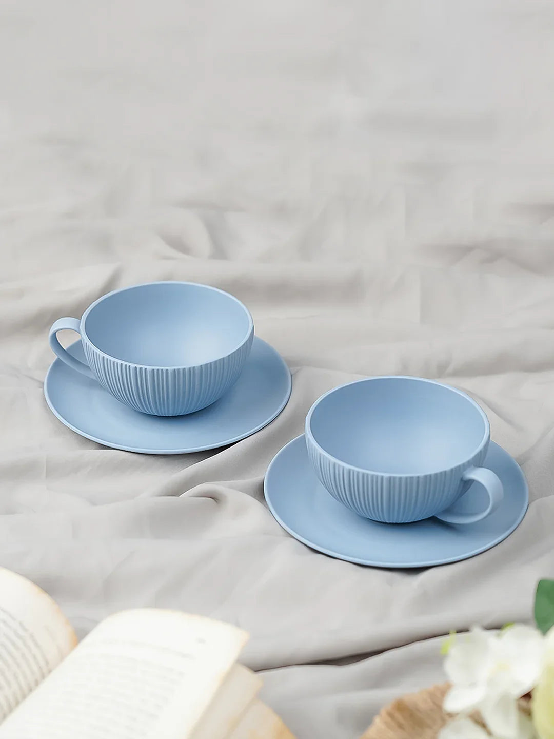 Vogue Coupe Fine Porcelain Cup &amp; Saucer Set of 4 – Sleek Contemporary Design for Tea &amp; Coffee - Vola Global