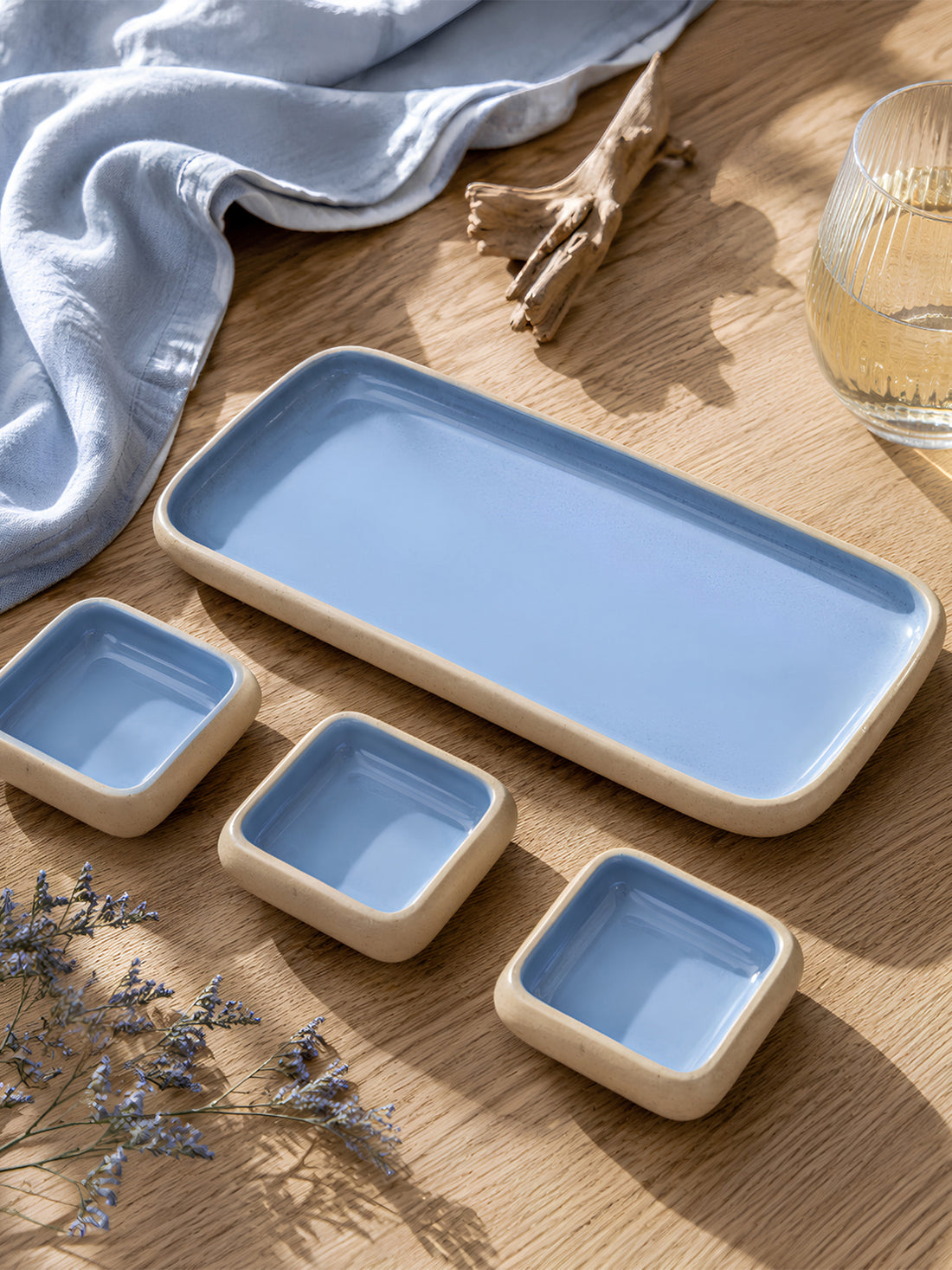 Earthen Soul Dip &amp; Serve Set | Rectangle Platter with 3 Square Dip Bowls | Earth Porcelain