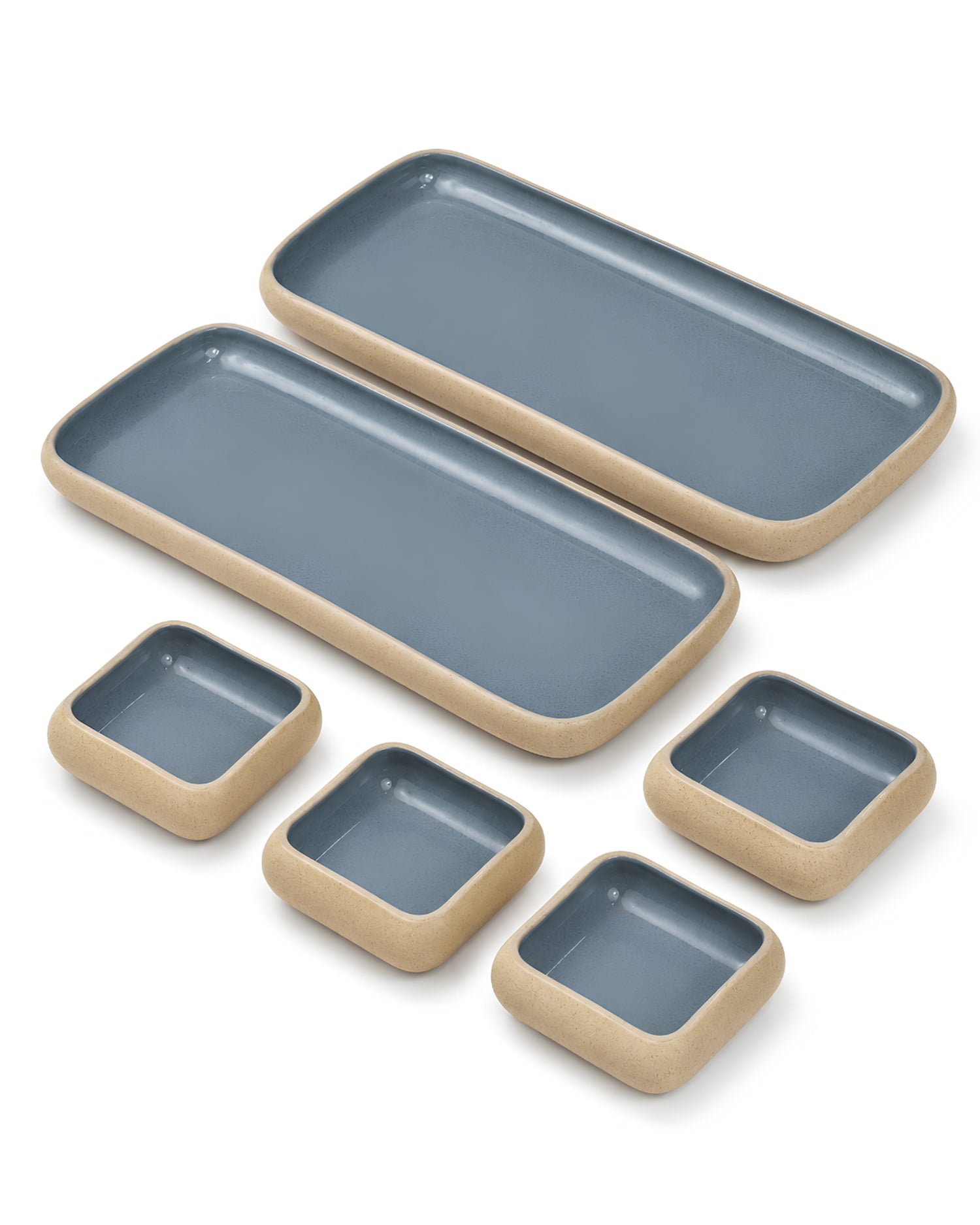 Earthen Soul Long Tray Set | 2 Rectangle Platters with 4 Square Dip Bowls | Earth Porcelain