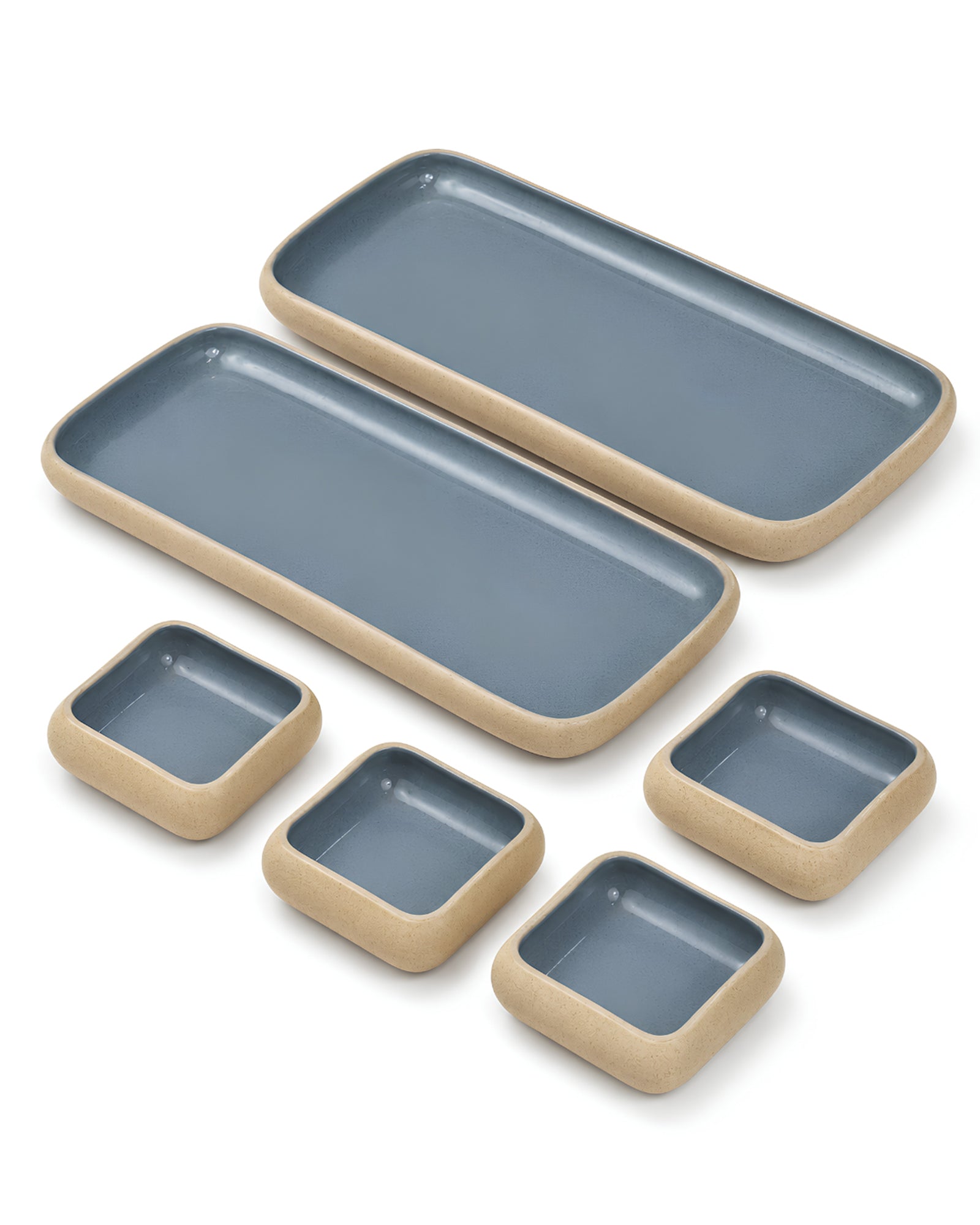 Earthen Soul Long Tray Set | 2 Rectangle Platters with 4 Square Dip Bowls | Earth Porcelain