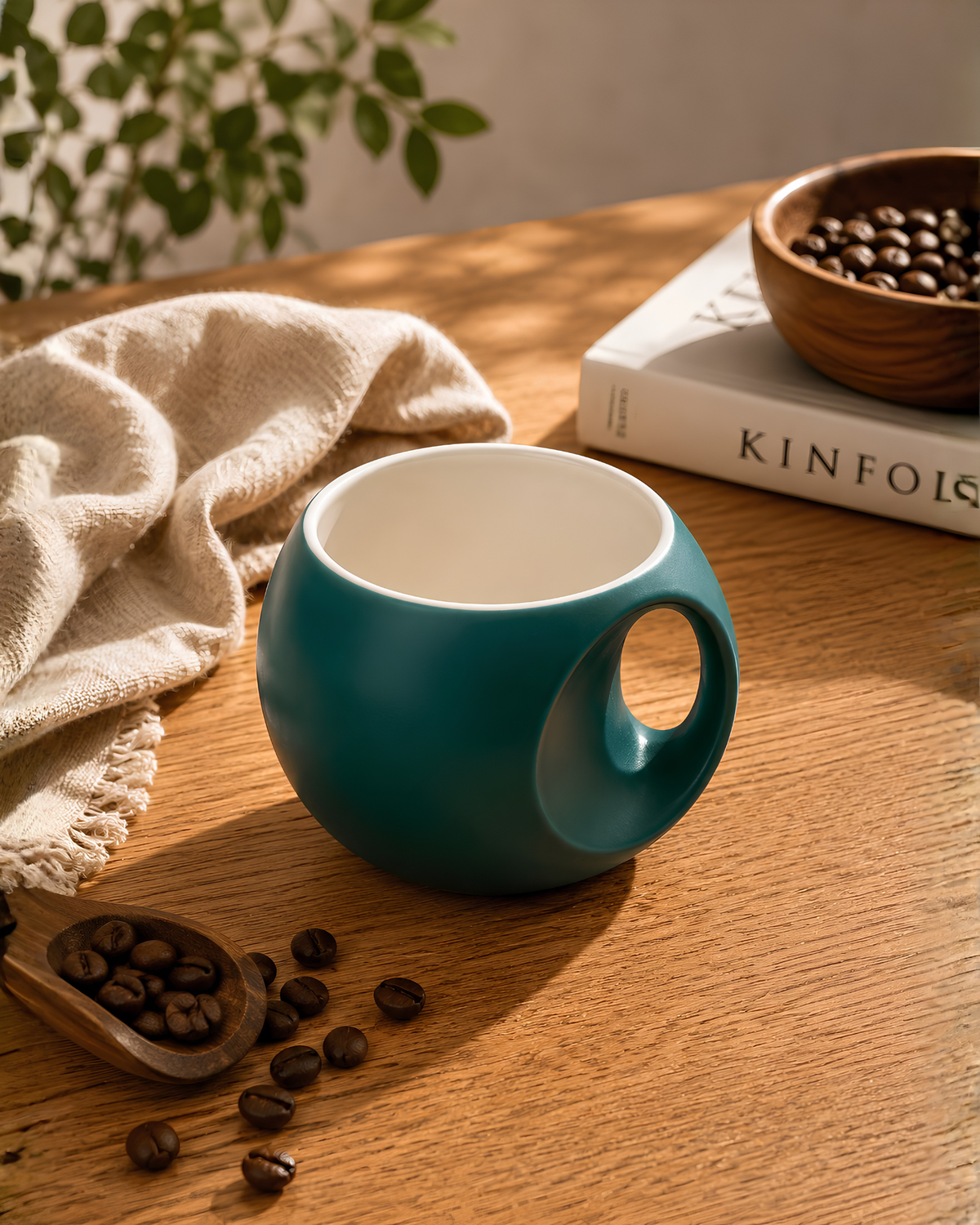 Viridian Green Orb Mug - round fine porcelain coffee mug with comfort grip handle