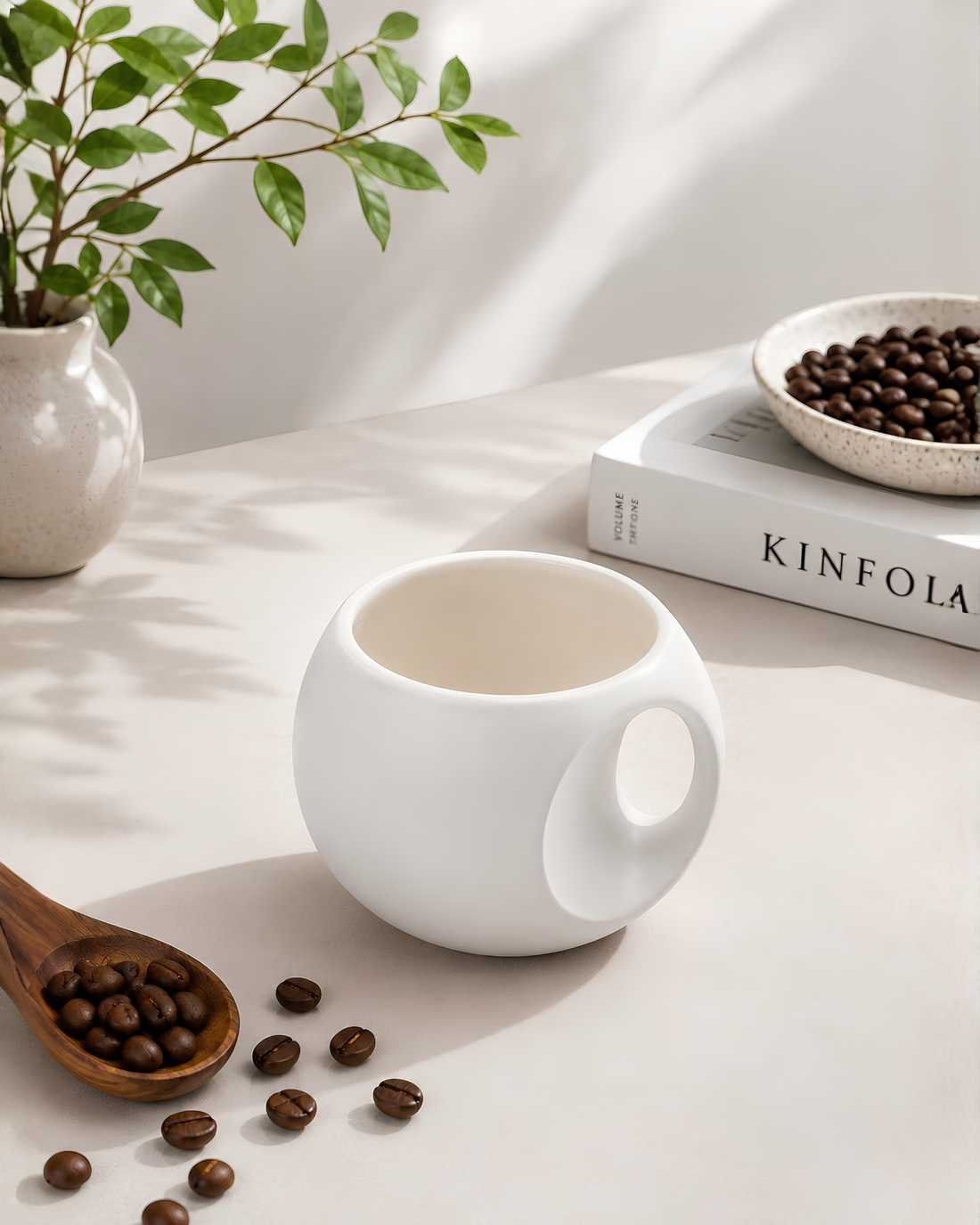White Orb Mug - round fine porcelain coffee mug with comfort grip handle