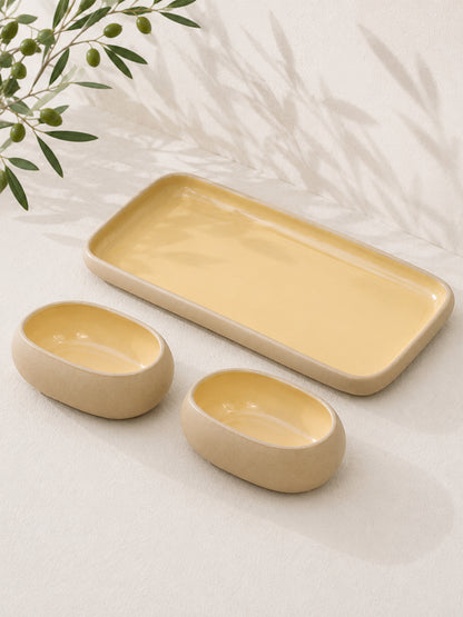 Earthen Soul Serve &amp; Share Set | Rectangle Platter with 2 Oval Bowls | Earth Porcelain
