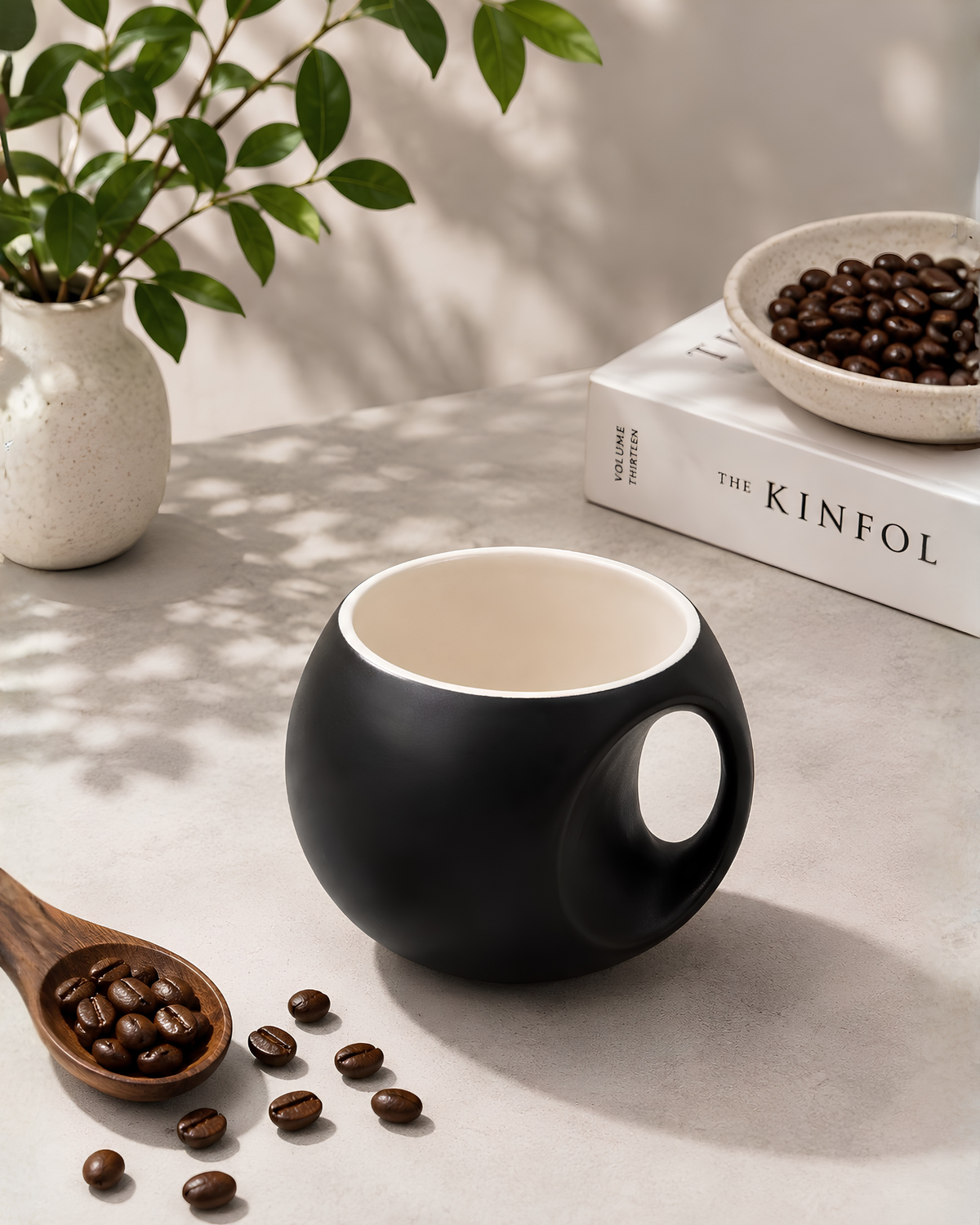 Black Orb Mug - round fine porcelain coffee mug with comfort grip handle