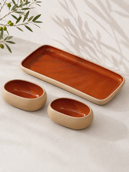 Earthen Soul Serve &amp; Share Set | Rectangle Platter with 2 Oval Bowls | Earth Porcelain