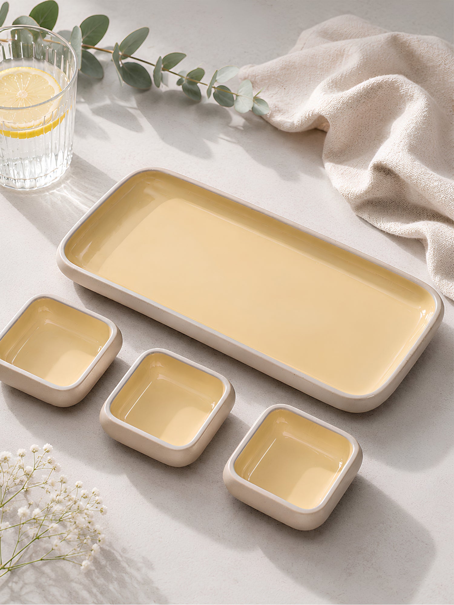 Earthen Soul Dip &amp; Serve Set | Rectangle Platter with 3 Square Dip Bowls | Earth Porcelain