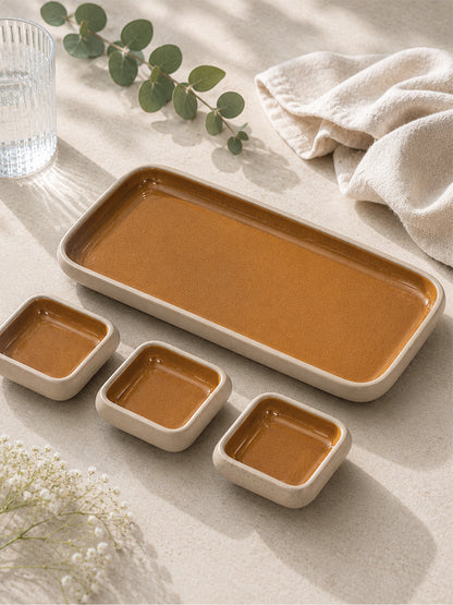 Earthen Soul Dip &amp; Serve Set | Rectangle Platter with 3 Square Dip Bowls | Earth Porcelain