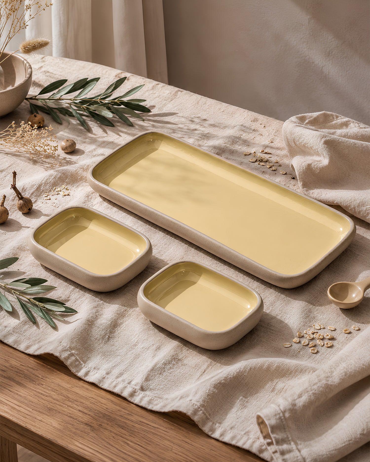 Earthen Soul Serving Trio | Rectangle Platter with 2 Rectangle Bowls | Earth Porcelain