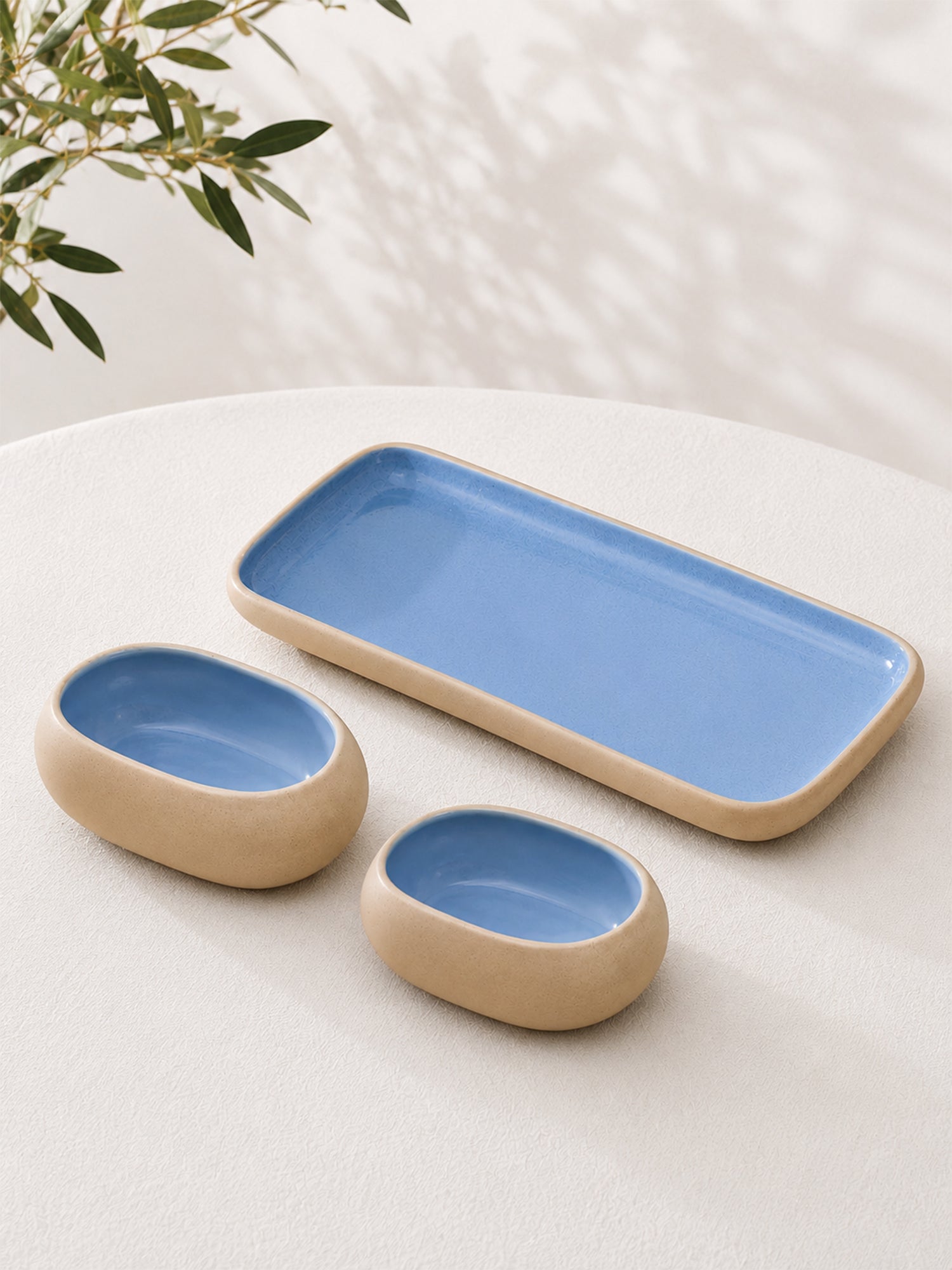 Earthen Soul Serve &amp; Share Set | Rectangle Platter with 2 Oval Bowls | Earth Porcelain
