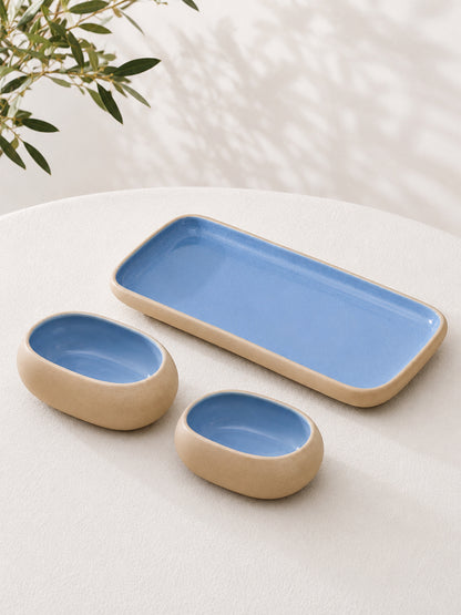 Earthen Soul Serve &amp; Share Set | Rectangle Platter with 2 Oval Bowls | Earth Porcelain