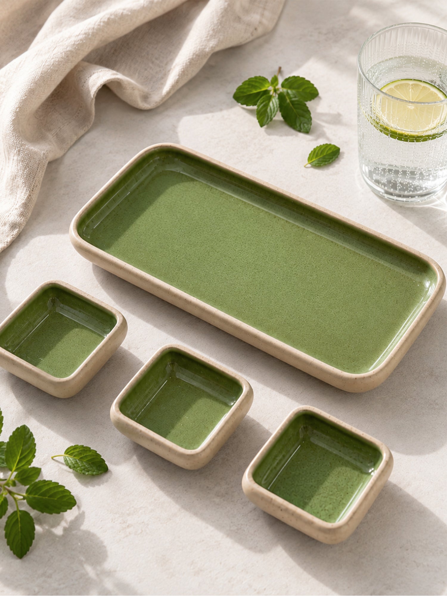 Earthen Soul Dip &amp; Serve Set | Rectangle Platter with 3 Square Dip Bowls | Earth Porcelain