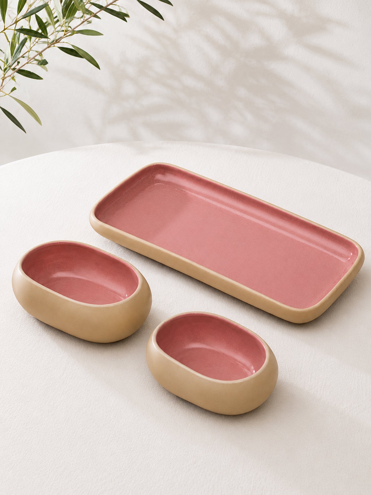 Earthen Soul Serve &amp; Share Set | Rectangle Platter with 2 Oval Bowls | Earth Porcelain