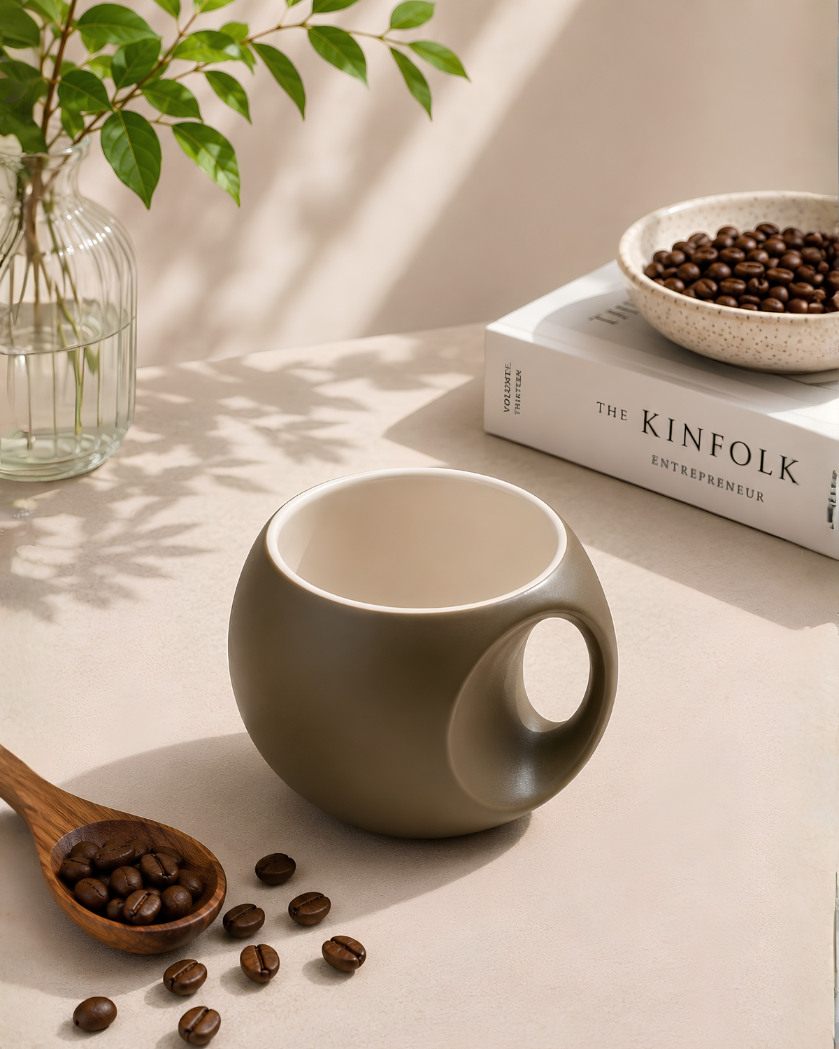 Olive Orb Mug - round fine porcelain coffee mug with comfort grip handle