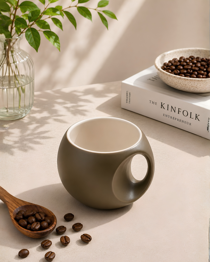 Olive Orb Mug - round fine porcelain coffee mug with comfort grip handle