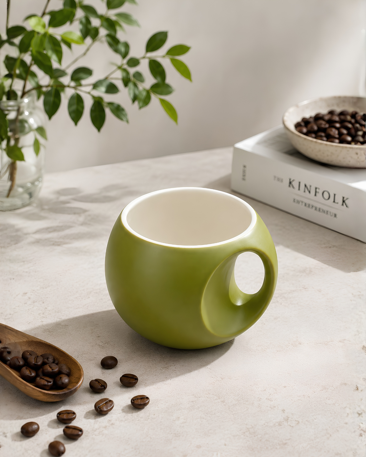 Apple Orb Mug - round fine porcelain coffee mug with comfort grip handle